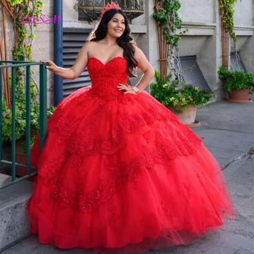 Red Sweetheart Quinceanera Dresses 2021 Sleeveless Lace Appliques Sequined Princess Pageant Party Dress Sweet 16 Ball Gown