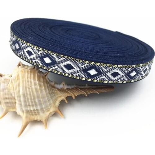 Fashion design 2018 NEW wholesale 12mm 20yards/lot blue with golden line Geometric Pattern Woven Jacquard Ribbon