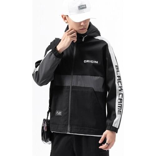 Hot Sale Autumn Letter Printed Stylish Color Patchwork Mens Hooded Jackets Casual Up-Zipper Front Outerwear Coats Windproof