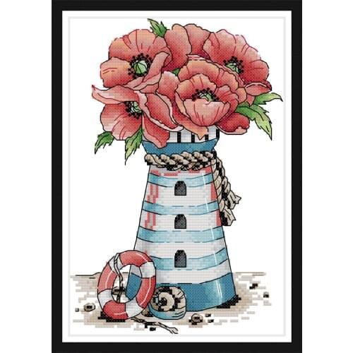 Flowers lighthouse cross stitch kit aida 14ct 11ct count print canvas cross stitches needlework embroidery DIY handmade