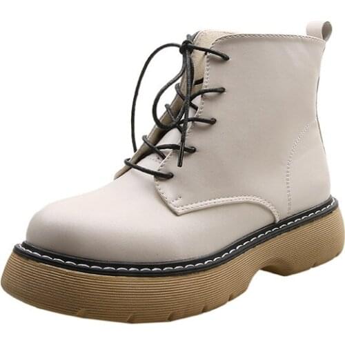 2021 Spring Autumn New British Style Womens Boots Round Toe Middle Heel Lace-up Martin Boots with Platform Waterproof for Daily