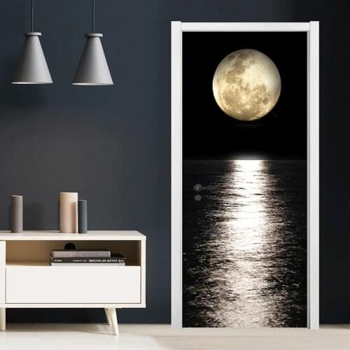PVC Door Sticker 3D Night Moon Sea Level View Door Decoration Living Room Dining Room Vinyl Door Murals Wallpaper 3D Door Poster