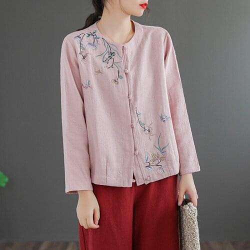 QPFJQD Ladies Cotton Linen Coats O-Neck Embroidery Flower Button Tops 2021 Antumn Women Soft Chinese Style Coat Long Sleeve