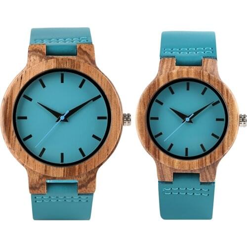 Luxury Royal Blue Quartz Wooden Wristwatch Genuine Leather Strap Valentines Day Gifts for Men Women