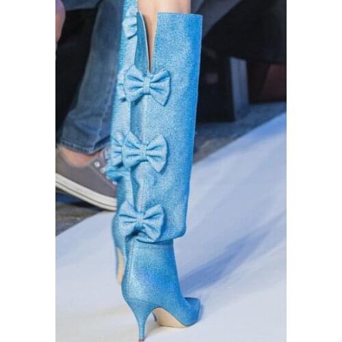 Christmas Shining Women Knee Boots High Heel Three Bowtie On Back Boots Sweet Shoes For Girls Pointed Toe Party Shoes