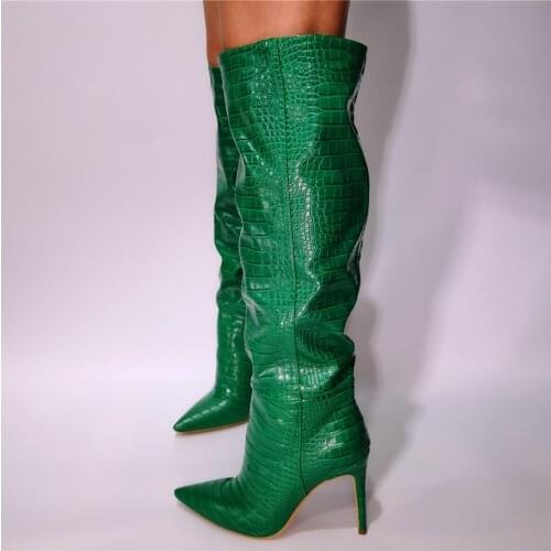Fashion shoes Green Crocodile Leather boots stilettos High heels over the knee thigh high boots womens shoes large size 47 45