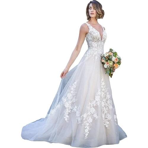 Lace Appliques Wedding Dresses for Bride 2021 A Line Double V Neck Bridal Gowns vestido de noiva