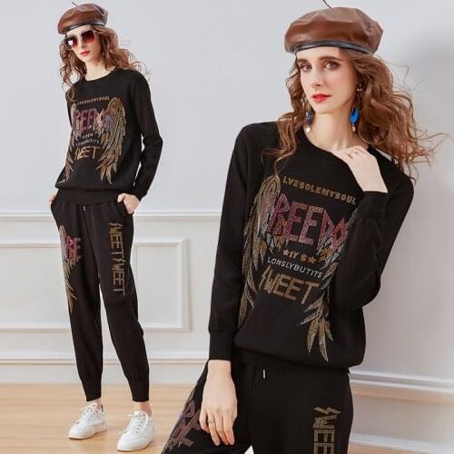 Women Set With Pants And Pullover Full Office Lady Elastic Waist Set Cotton 2020 New Winter Elegant Diamonds Two Piece For Women