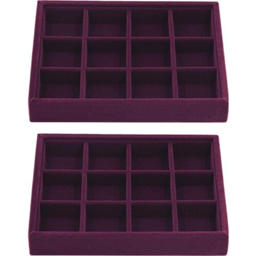2 Pieces Elegant Velvet Stackable Jewelry Display Tray Case 12 Grids