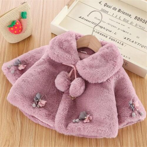 2020 Autumn Winter Sweet Baby Girls Cloak Wool Print Long Sleeve Fur Collars Warm Balls Princess Outwear 4 Colors