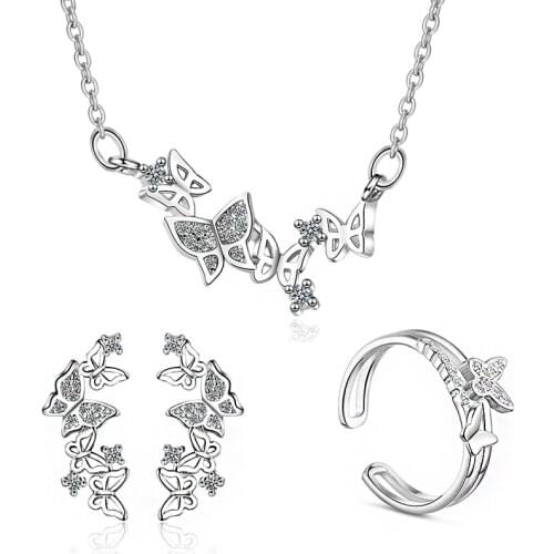 3 in 1 Exquisite Butterflies Tiny 5A Zirconia Pendants Necklaces Stud Earrings Ring Fashion Female Jewelry Set for Women