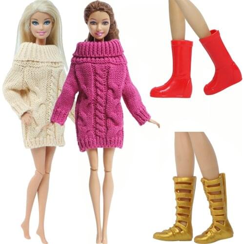 4 Pcs/Set = 2 Pcs Doll Wool Coat Winter Sweater Dress + 2 Pairs Shoes Accessories Clothes for Barbie Doll Baby Kids Girl Toy