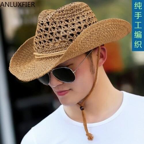 B-8275 Male Summer Sun Hat Adult Outdoor Fishing Cowboy Straw Hat Mens Shading Sunscreen Cap Seaside Beach Travel Cap