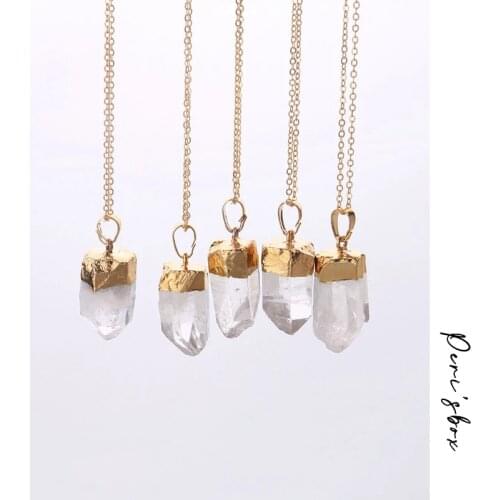 Boho chic raw clear crystal hexagon pendant reiki healing point chakra pendant gold color quartz stone spike necklace for gifts
