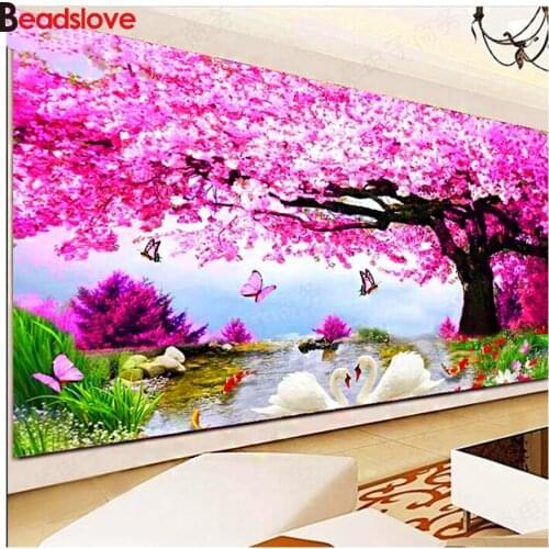 Large Diamond Painting Full Square Pink Flower Tree 5D DIY round Diamond Embroidery natural spring butterfly scenery Wall decor