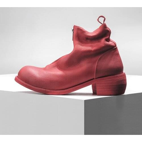 Winter Harajuku Mens Chunky Heels Shoes High Top Vintage Round Toe Luxury Genuine Leather Ankle Boots Punk Zipper Shoes