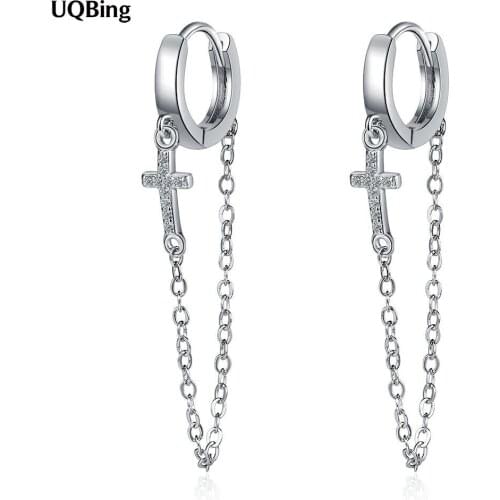 CZ Zircon Tassel Chain Cross Charms Wedding Clip Earrings For Women 925 Sterling Silver Jewerly