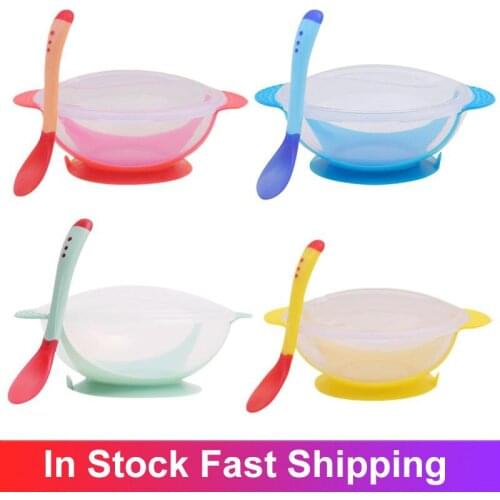Baby Training Bowl With Temperature-sensitive Spoon Set Learning Dishes With Suction Cup Training Feeding Platos For Children