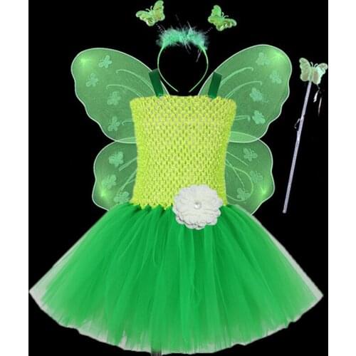 Green Fairy Butterfly Girls Tutu Dress With Wings Children Clothes Kids Halloween Costume Girls Birthday Party Dresses Vestidos