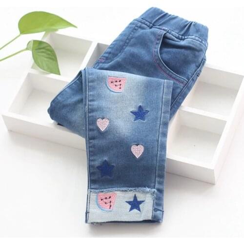New Fashion Girls Embroidery Denim Jeans Baby Soft Cotton Jeans Kids Spring Autumn Casual Trousers Child Elastic Waist Pants