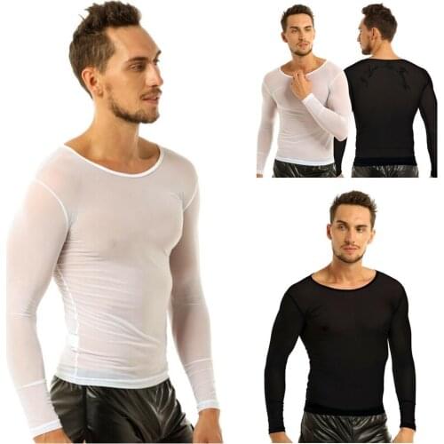 Sexy Men See through Sheer Mesh T-shirt Tops Long Sleeve Skinny Muscle Shirt Undershirt Underwear Beach Wear