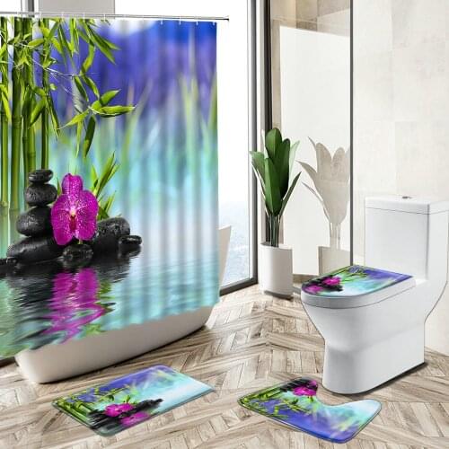 Zen Green Bamboo Stone Scenery Shower Curtain Spa Plant Flower Orchid Butterfly Home Non-Slip Rug Toilet Cover Bathroom Deco Set