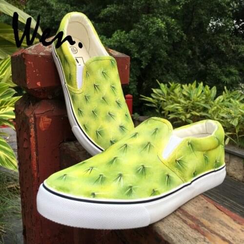 Wen Custom Design Spiny Cacti Cactaceae Green Plant Hand Painted Slip On Shoes Flats Men Women Canvas Sneakers for Walking