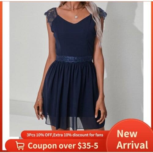 Lace dress backless solid chiffon summer dress sleeveless v neck woman dress for women