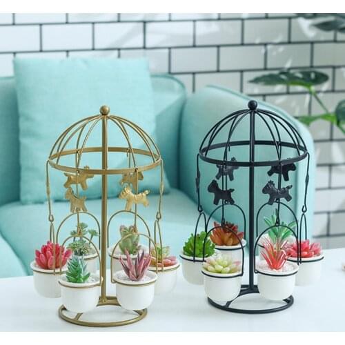 Green Art Simple Creative Carousel Iron Ceramic Succulent Flower Pot Ins Nordic Combination Flower Pot Iron Frame Set