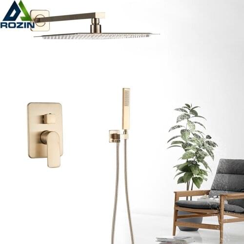 Brushed Golden Wall Mounted 8" Rainfall Bath Shower Faucet Set with Handshower Single Handle Rain Shower Mixer Tap
