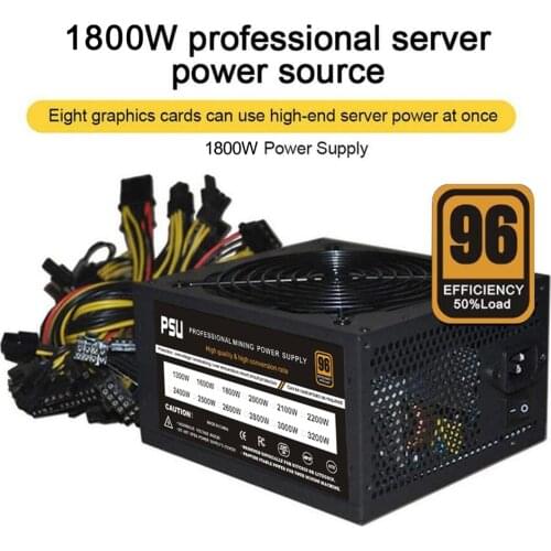 1800W Rated Miner Power Supply 95% High Efficiency AC 180-260V ATX Mining Power Source Support 8 CPU Card Max Up to 2000W