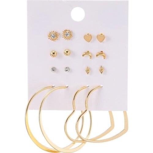 New Earrings Sets Big Heart Circle Earrings for Women Heart Moon Crystal Stud Earring Sets Bohemian 8 Pairs/Sets Earring