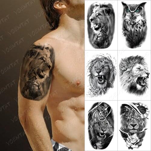Watertransfer Temporary Tattoo Clock Lion Gear Tatto Sticker Rose Owl Wolf Henna Tiger Animal Body Art Waterproof Fake Tatoo Men