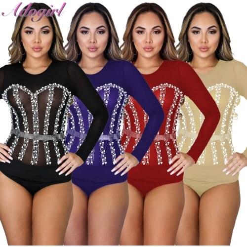 Sexy Sheer Mesh Patchwork Pearl Diamonds Bodysuit Women Long Sleeve See Through Party Club Jumpsuit Outfit Rompers Lady Body Top