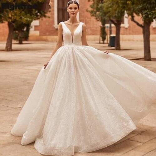 Simple High Quality Glitter Wedding Dress Ball Gown 2021 Bride Dresses Open Back V Neck Custom Made Vestido de Noiva