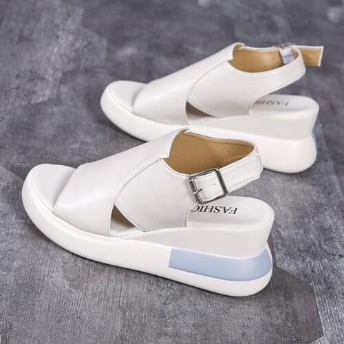 Buckle Sandals Women Leather Fashion High Heels Open Toe Shoes Original Design Platform Fit Soft Beige Sandals 2021 Summer New