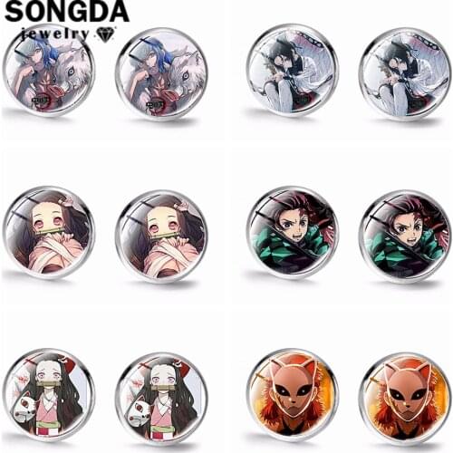 SONGDA Hot Anime Kimetsu No Yaiba Earrings Transparent Glass Gem Stud Earrings Blade of Demon Destruction Slayer Cosplay Jewelry