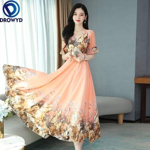 Summer Beach V-Neck Maxi Dress 2021 Half Sleeve Tea-Length A-Line Chiffon Floral Print Red Elegant Big Swing Party Dress Vestido