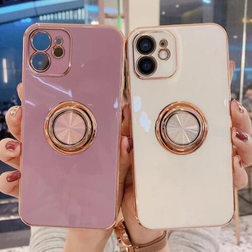 Plating Silicone Phone Case For iPhone 11 12 Pro Max 12 Mini XS Max X XR 8 7 Plus Solid Color Metal Ring Holder Soft Phone Cover