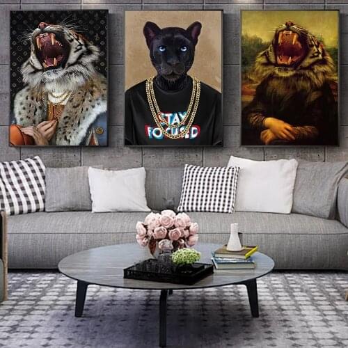 Modern Fancy Canvas Posters Tiger King with Mona Lisa Composite Artwork Wall Art Paintings Picture for Home Room Decoration