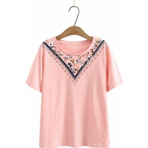 Plus size O neck Short sleeve cotton print women tshirts 2021 new summer casual ladies t shirts female tops t-shirts pink white