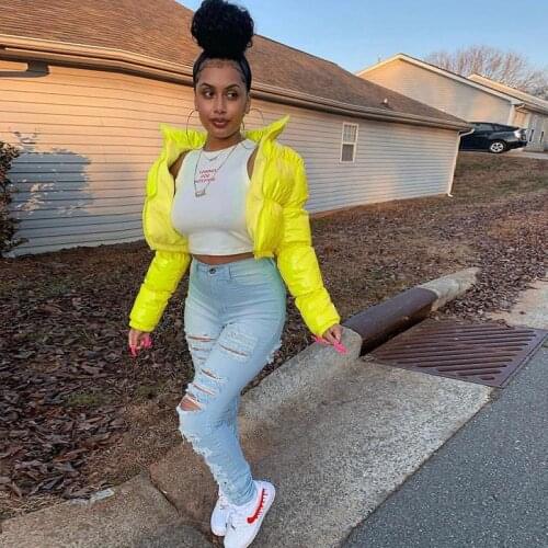 2021 European and Beautiful Autumn and Winter Short Bread Jacket New Style Puff Sleeve Pu Leather Bread Cotton Jacket