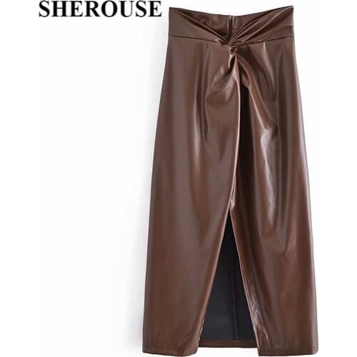 SHEROUSE 2021 Women Fashion Pleated Faux Front Split Solid Midi Skirt Back Zipper High Waist Vintage Female Skirts Woman jupe