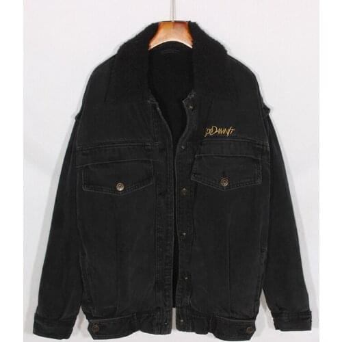 2021 Winter Thick Warm Lamb Fur Lining Denim Jacket Coat Women Letter Embroidery Loose Black Jeans Jacket Female Chaqueta Mujer