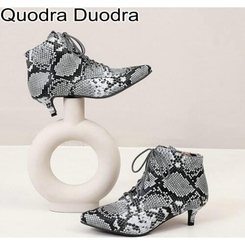 Winter Warm Plush shoes Ankle boots Thin High Heels Women Pointed Toe Shoes Fashion Lady high Snake Print Sexy Cross-tied plus