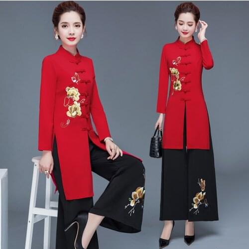 Two Piece Set Women Chinese Style Embroidered Fashion Vintage Wide Leg Pants Clothing Plus Size Casual Suit Conjuntos De Mujer