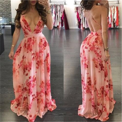 Print Floral Loose Boho Deep V Neck Backless Long Women Dress Summer 2021 Maxi Dresses Vestidos Sexy Back Cross Beach Dresses