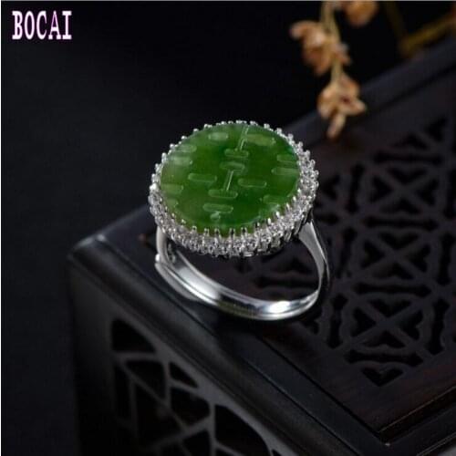 Real 925 sterling silver jewelry natural green stone text ring womens fashion silver ring