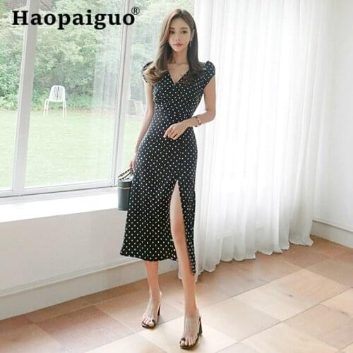 Plus Size Print Dot OL Office Work Dress Women V-neck Sleeveless High Split Midi Black Dress Women Wrap Bodycon Vintage Dresses