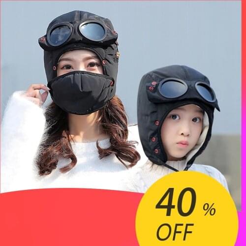 2020 Fashion Winter Bomber Hat with Masks Goggles Waterproof Hood Pilot Hats Glasses Ear Protection Cap Kids Adult Balaclava